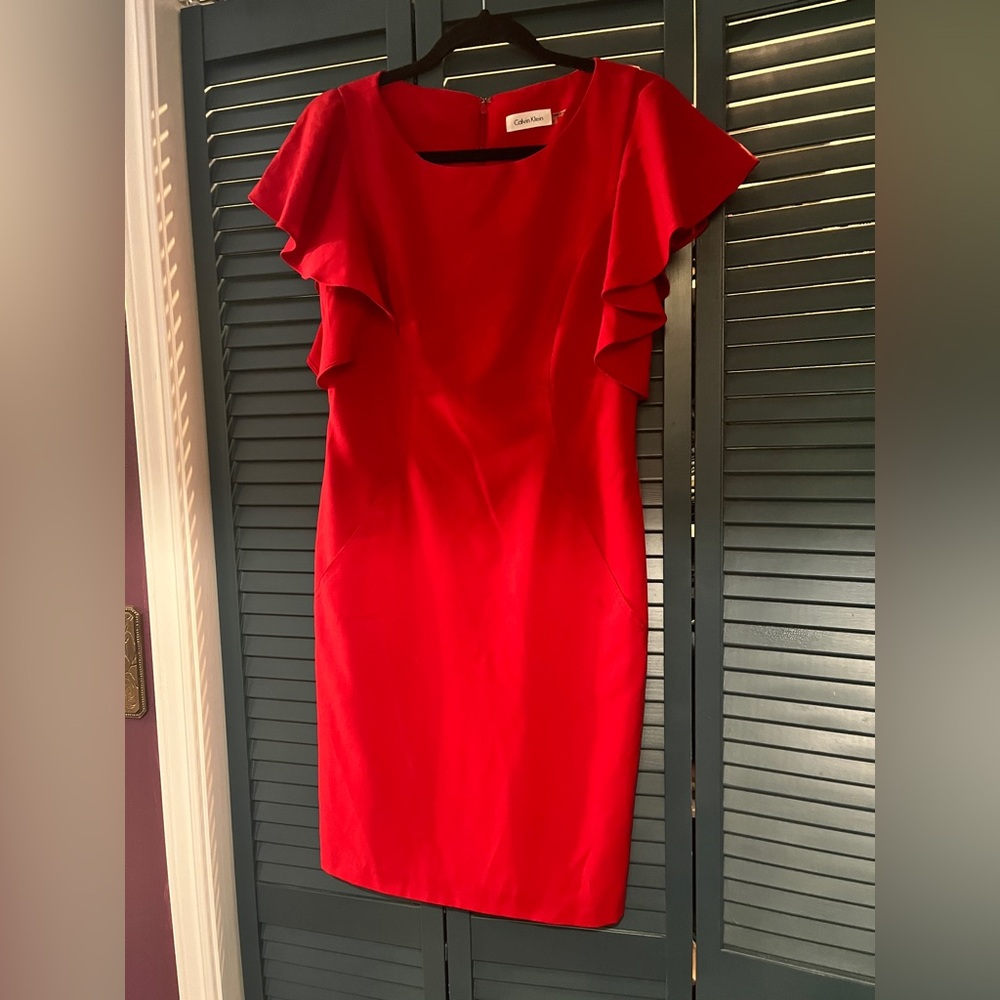 Calvin Klein Red Sheath Dress with Flutter Sleeves
